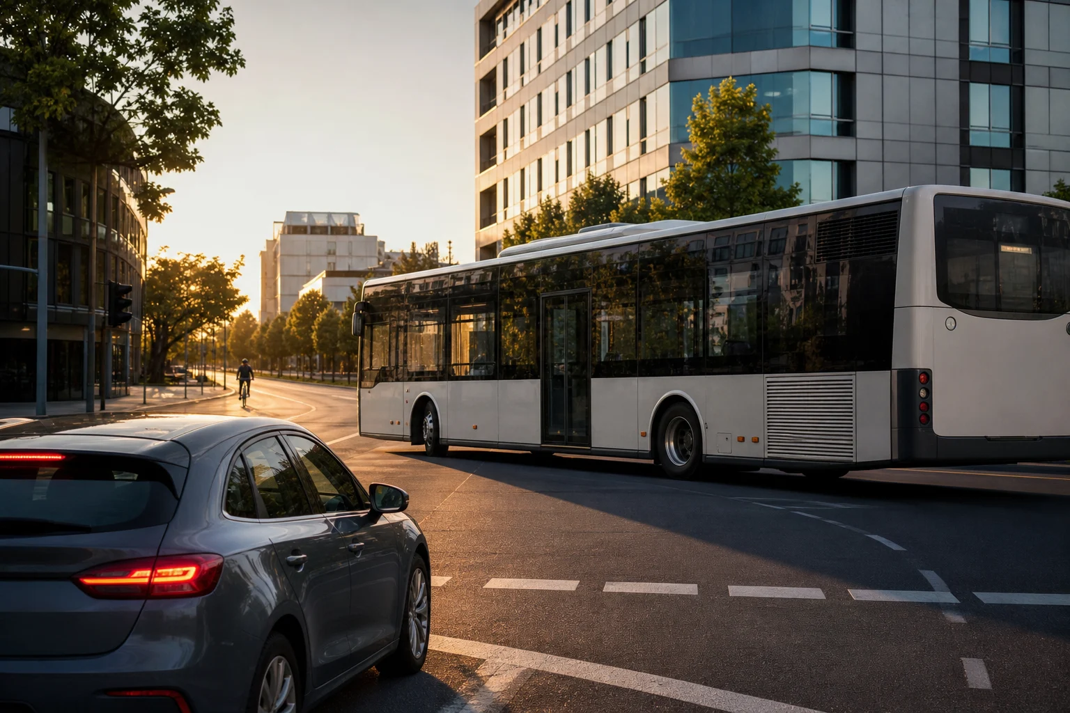 Passenger car waits behind a bus that needs space to turn in the city