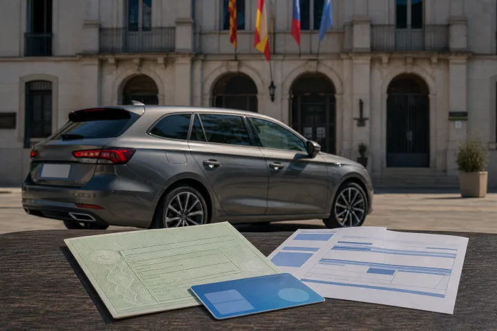 Auto vor einem spanischen Rathaus mit Fahrzeugunterlagen und einem kommunalen Bescheid auf einem Tisch