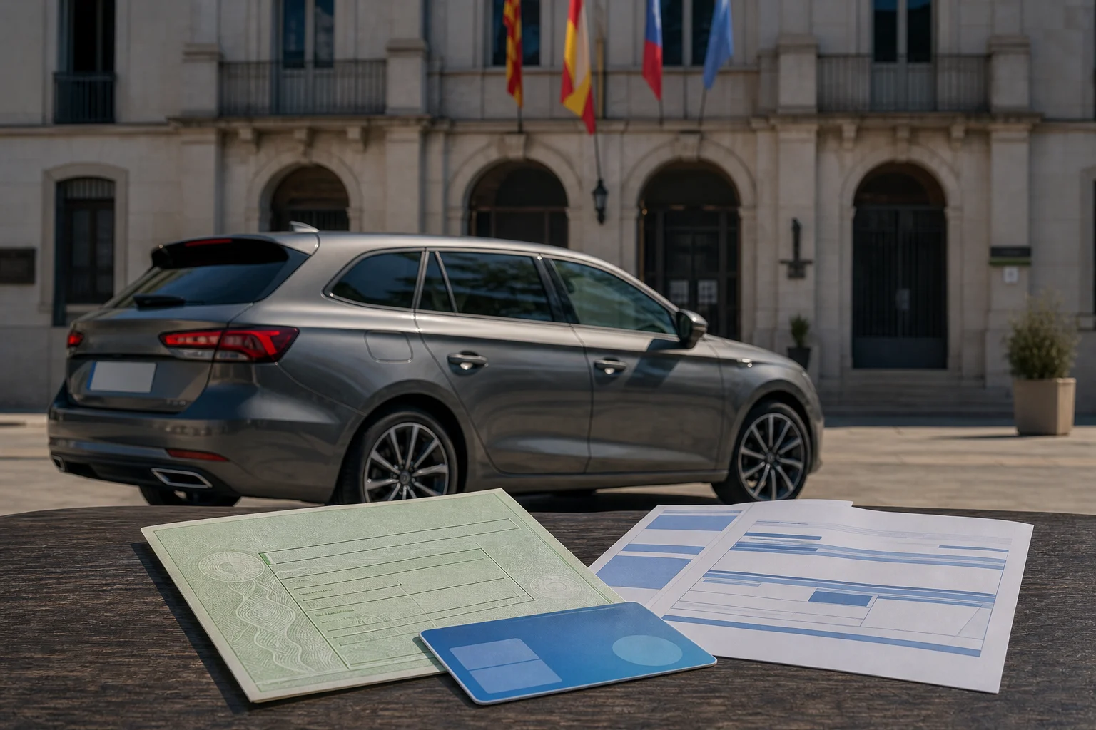 Car parked beside a Spanish town hall, with vehicle documents and a municipal bill on a table