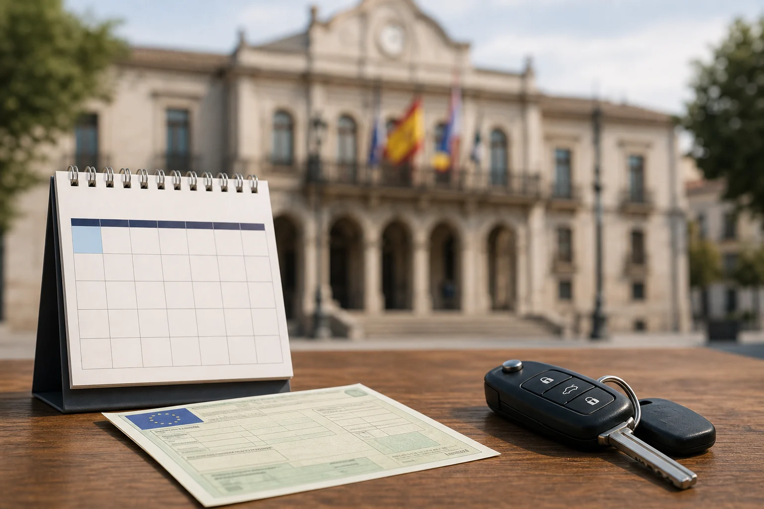 Calendar marked at January beside keys, a registration certificate and the outline of a town hall in the background