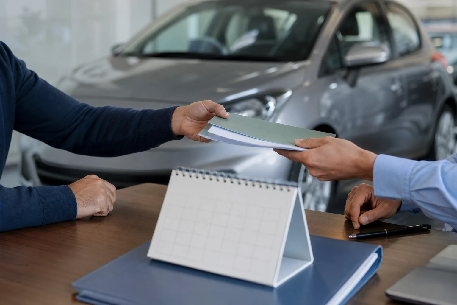 Used-car sale documents beside a calendar and a parked compact vehicle