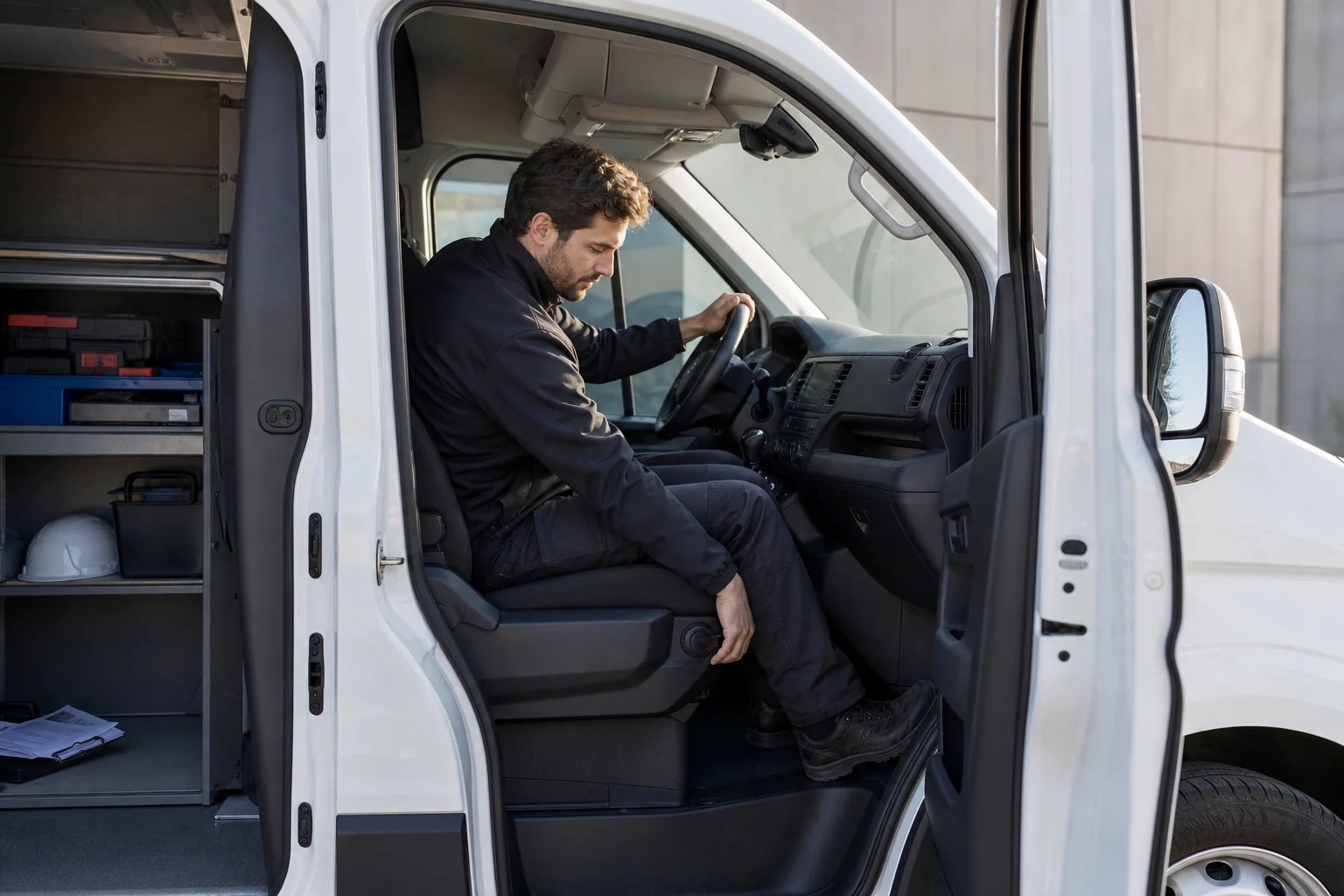 Conducente che regola sedile e volante nella cabina di un furgone di lavoro parcheggiato
