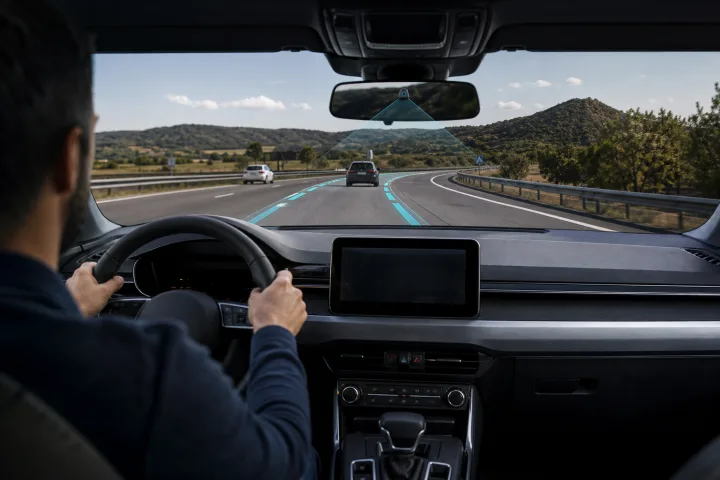 Conductor sujetando el volante en una carretera con marcas de carril claramente visibles