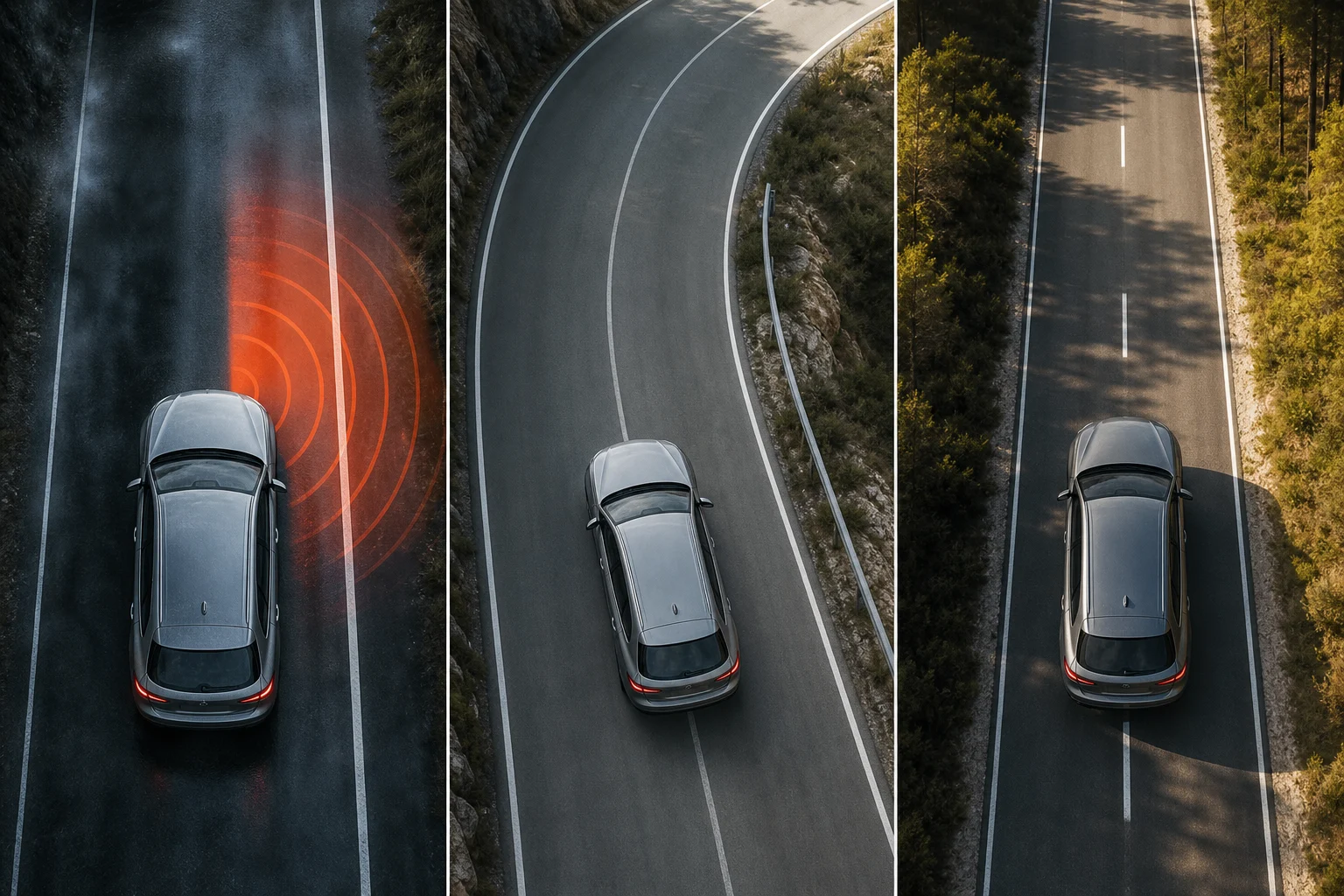 Drei Darstellungen eines Autos mit Warnung, Korrektur und Zentrierungshilfe zwischen Fahrspurmarkierungen