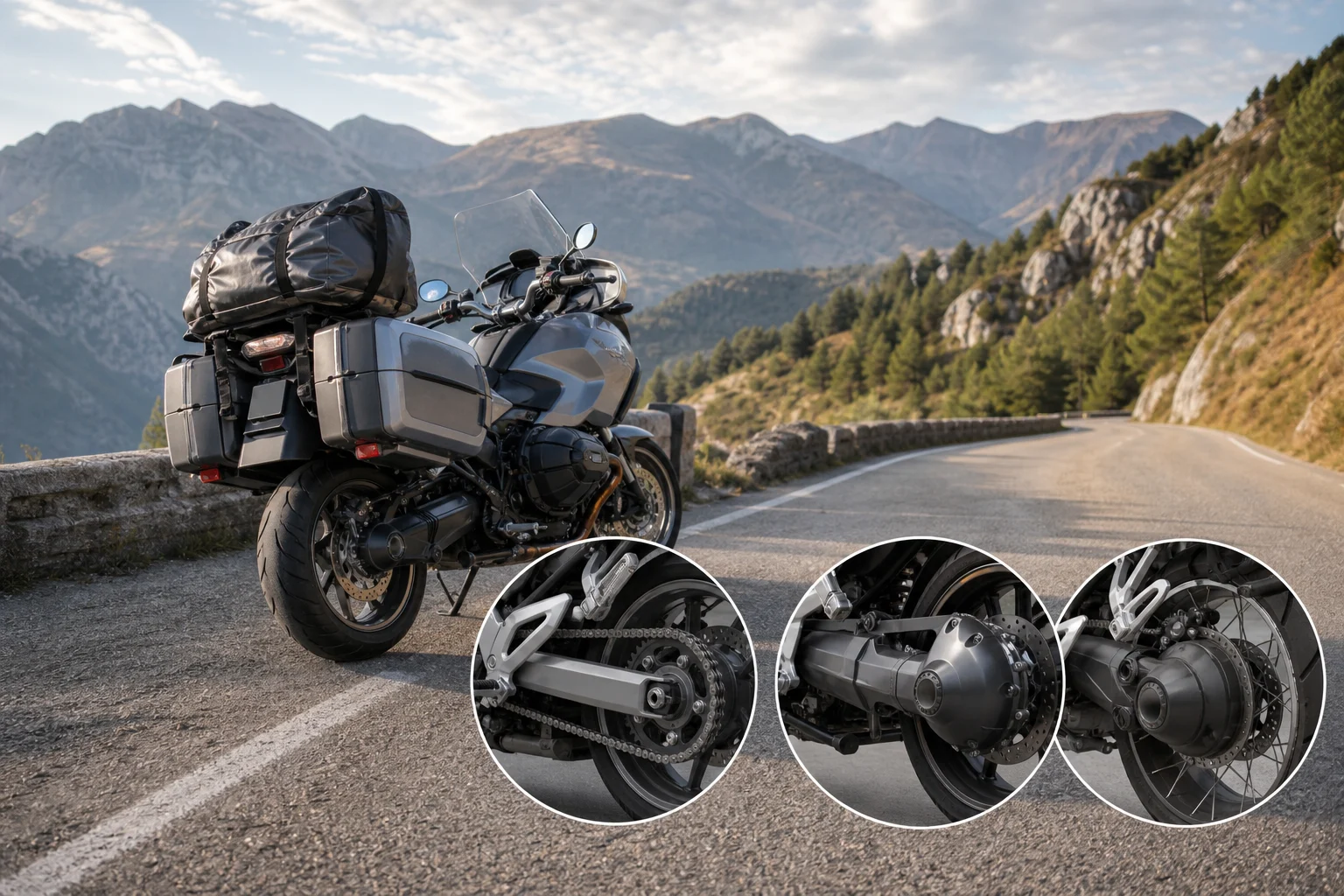 Beladenes Touring-Motorrad mit Koffern an einer Bergstraße, Rückansicht des Endantriebs.