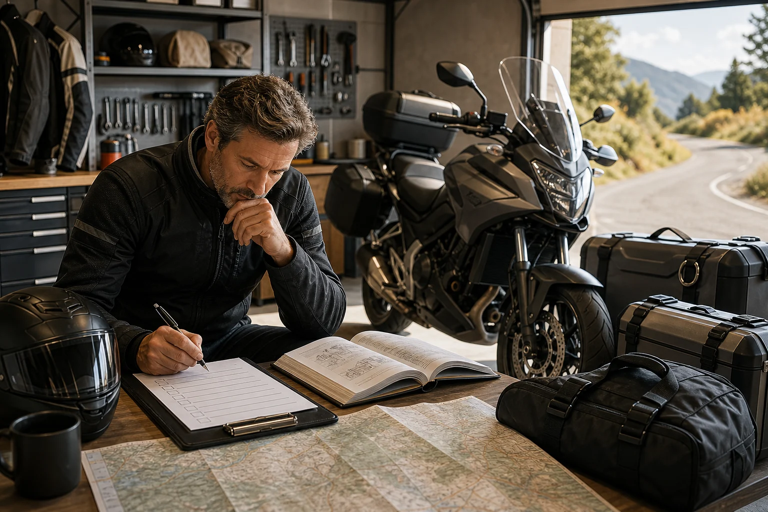 Motorradfahrer prüft die Anleitung eines Touring-Motorrads mit Koffern vor der Reisevorbereitung.