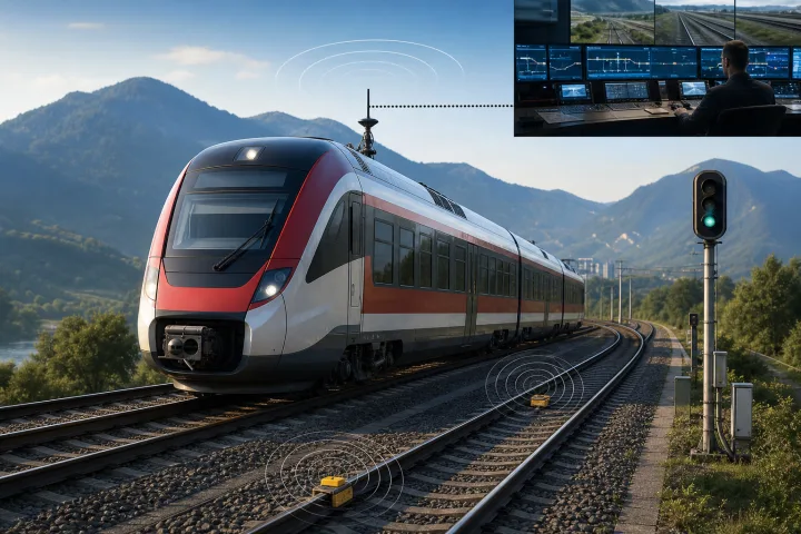 Ilustración de un tren circulando por una línea equipada con balizas y comunicaciones ferroviarias
