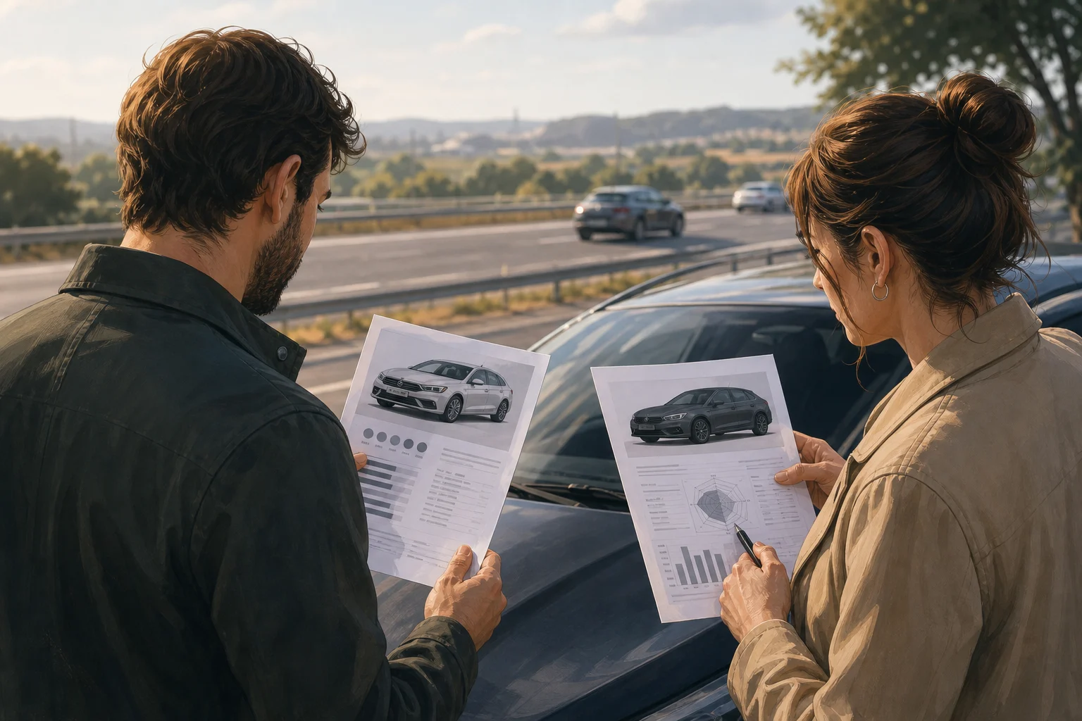 Conductores comparando información de dos coches antes de decidir una compra para viajar