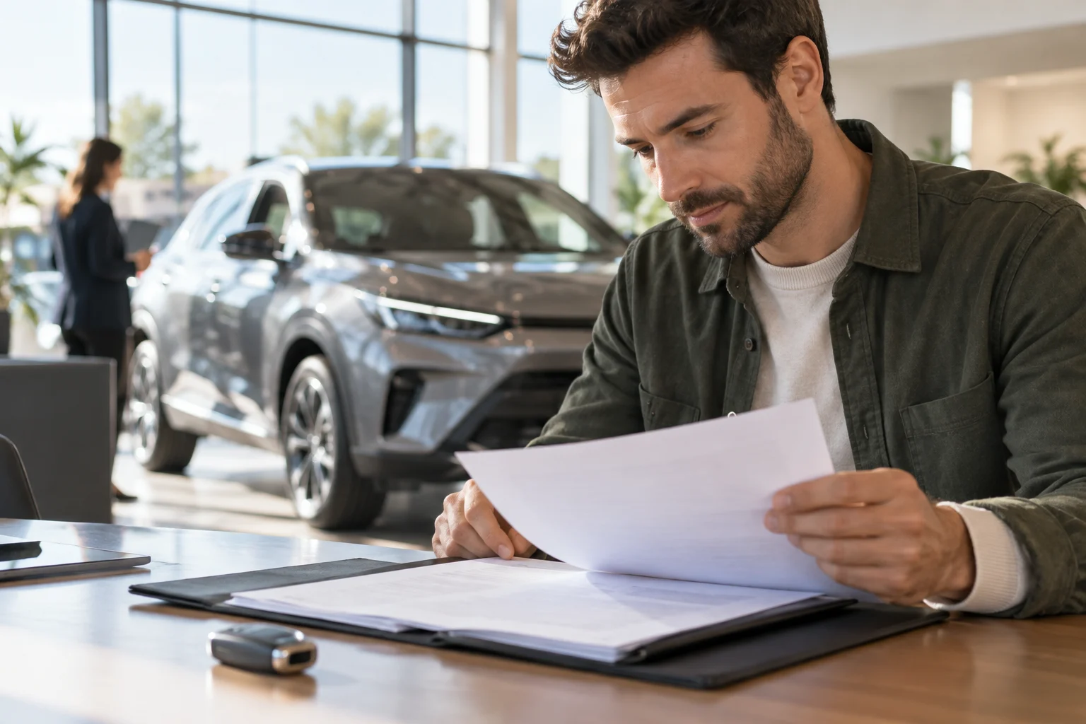 Persona revisando la documentación de un coche nuevo junto al vehículo