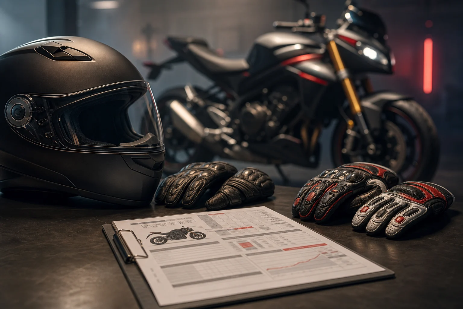 Documentación de una motocicleta junto a cascos y guantes sobre una mesa.