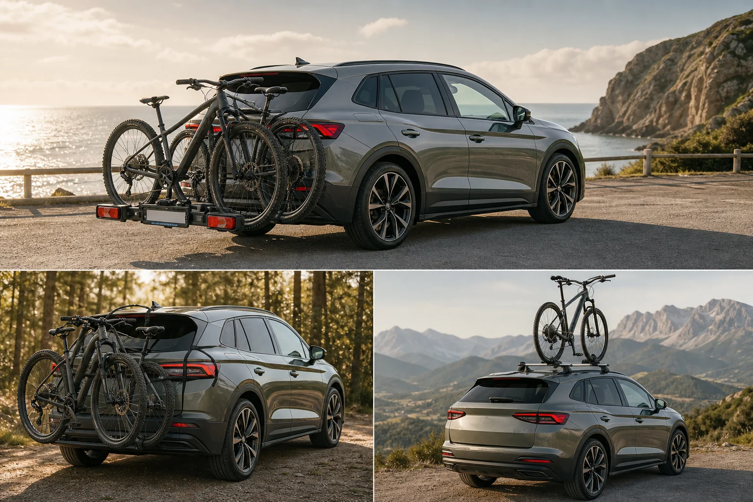 Passenger car seen from the rear with three bicycle-carrying solutions: towbar, boot and roof bars