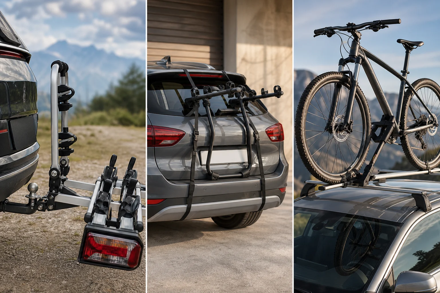 Three comparative close-ups of a towbar bike rack, a boot-mounted rack and one fitted to roof bars