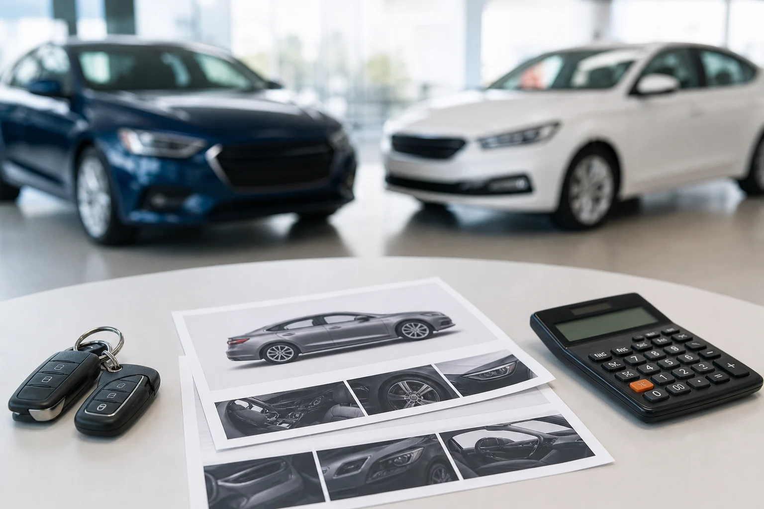 Due schede tecniche di auto accanto a una calcolatrice su un tavolo, con un'auto moderna sfocata sullo sfondo.