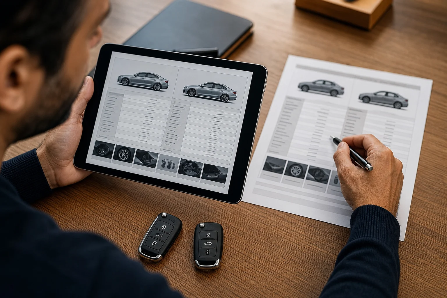 Persona che confronta due schede tecniche generiche di automobili su un tablet e su carta.