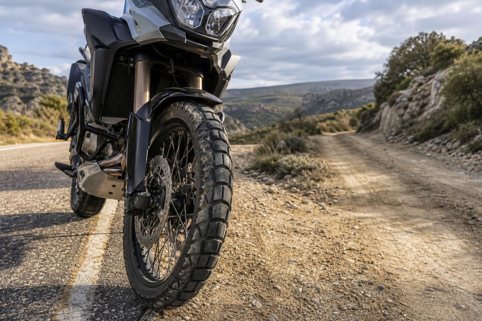 Moto trail stationnée sur l’asphalte près d’un chemin de terre, avec le pneu avant au premier plan.