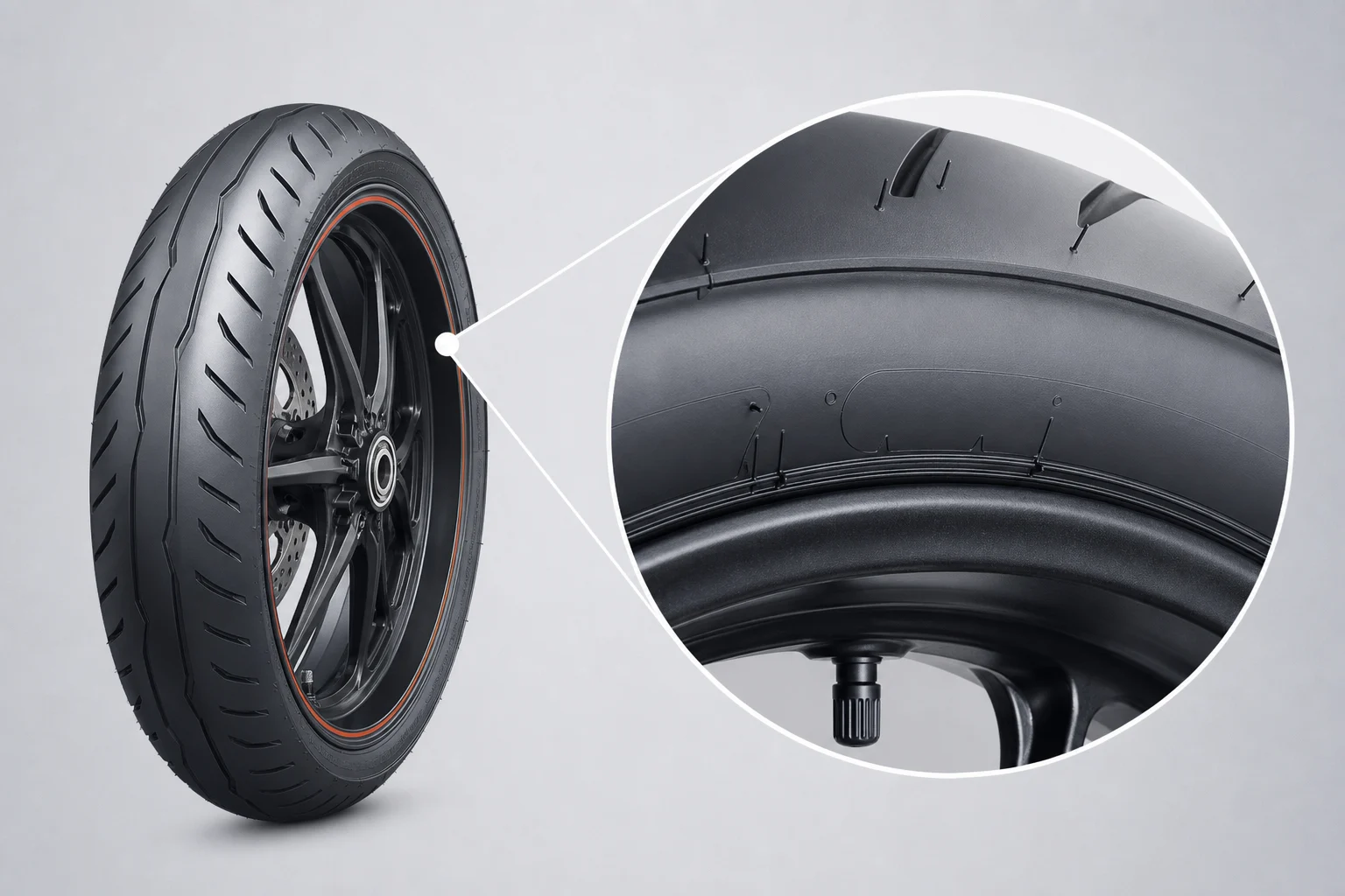 Flanc de pneu de moto avec ses codes techniques moulés.