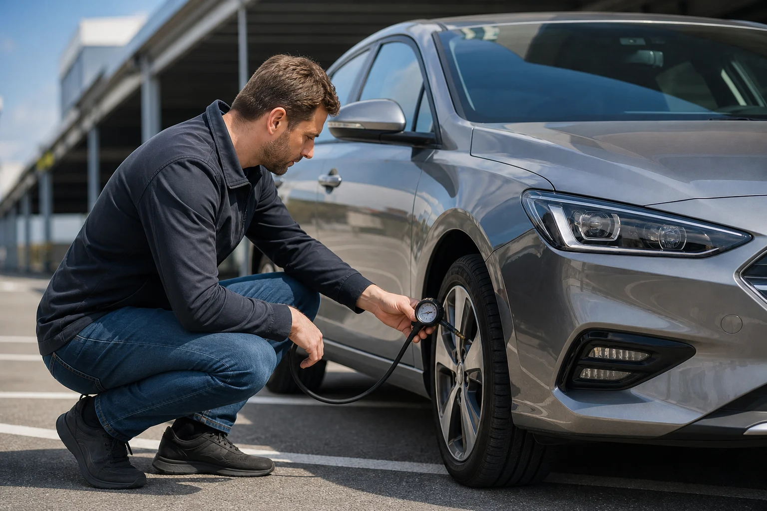 Conducteur contrôlant la pression d’un pneu avec un manomètre près d’une voiture arrêtée dans une zone sûre