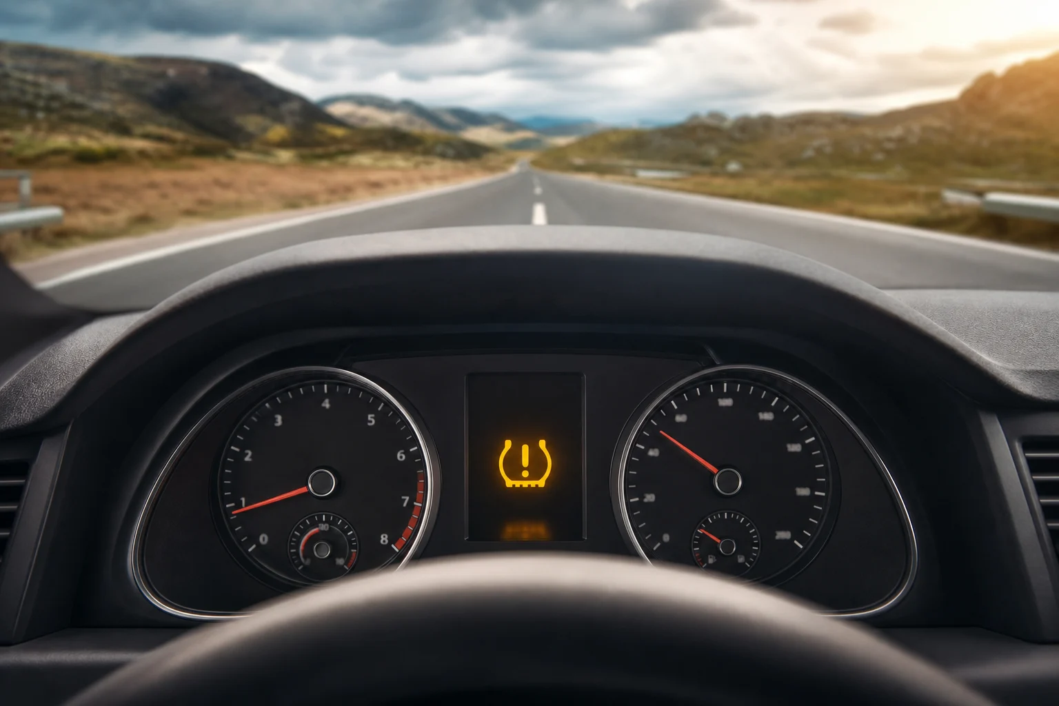 Combiné d’instruments d’une voiture avec une alerte de pression des pneus allumée