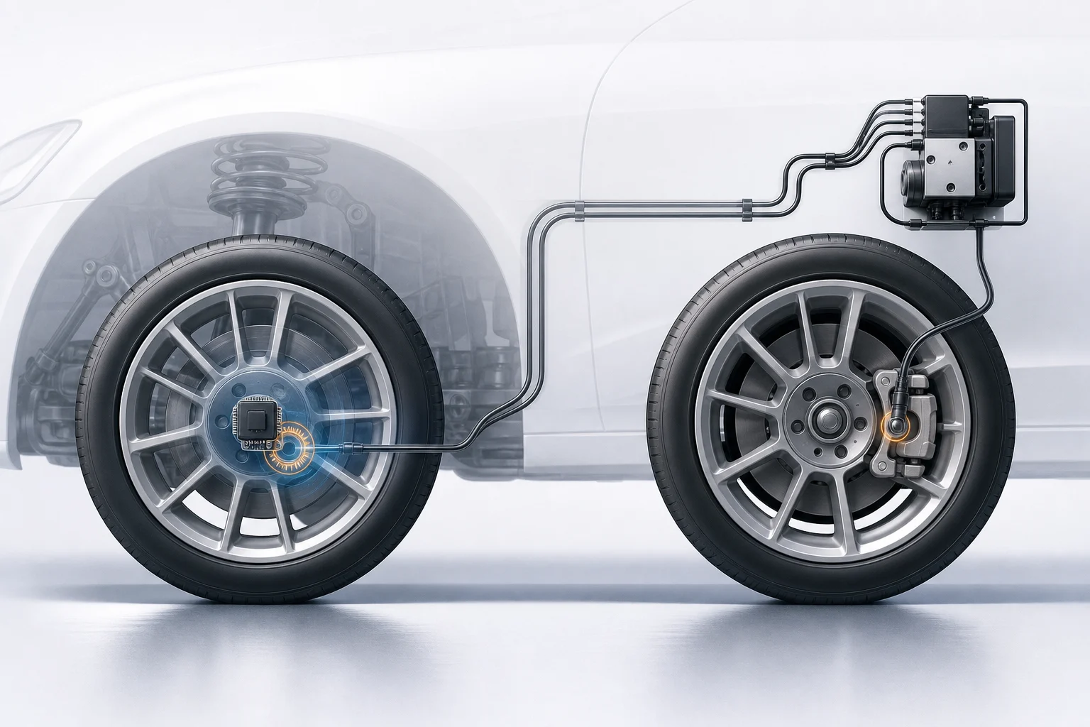Illustration comparative d’une roue avec capteur de pression et d’un système reposant sur des capteurs de vitesse de roue