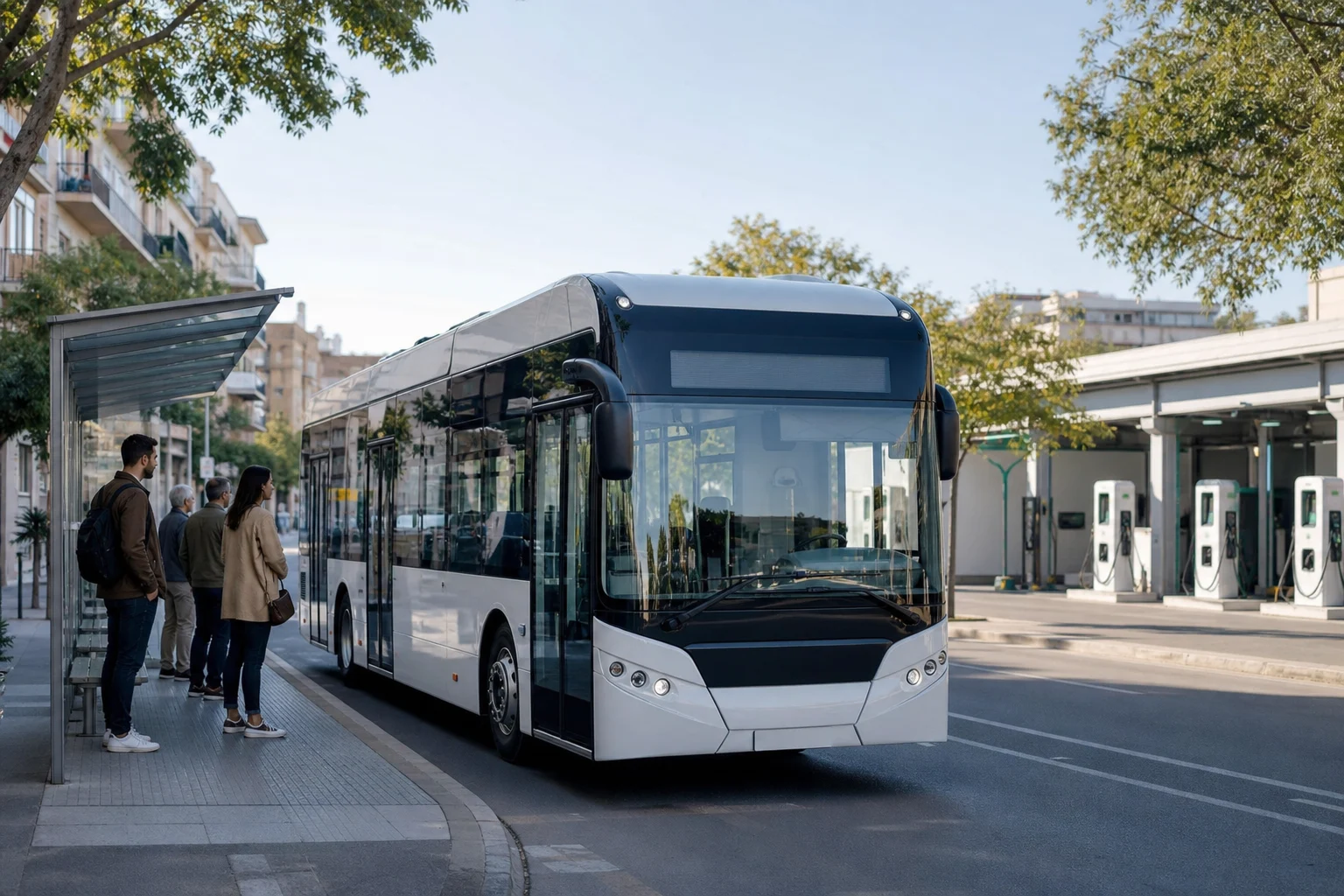 Elektrischer Stadtbus fährt an einer Haltestelle vorbei, während im Hintergrund ein weiteres Fahrzeug im Betriebshof lädt