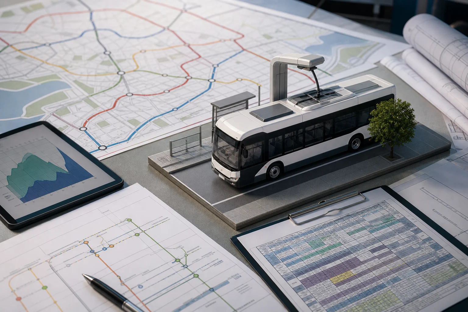 Unterlagen zu einer Stadtlinie, ein Fahrplan und ein Modell eines Elektrobusses auf einem Tisch