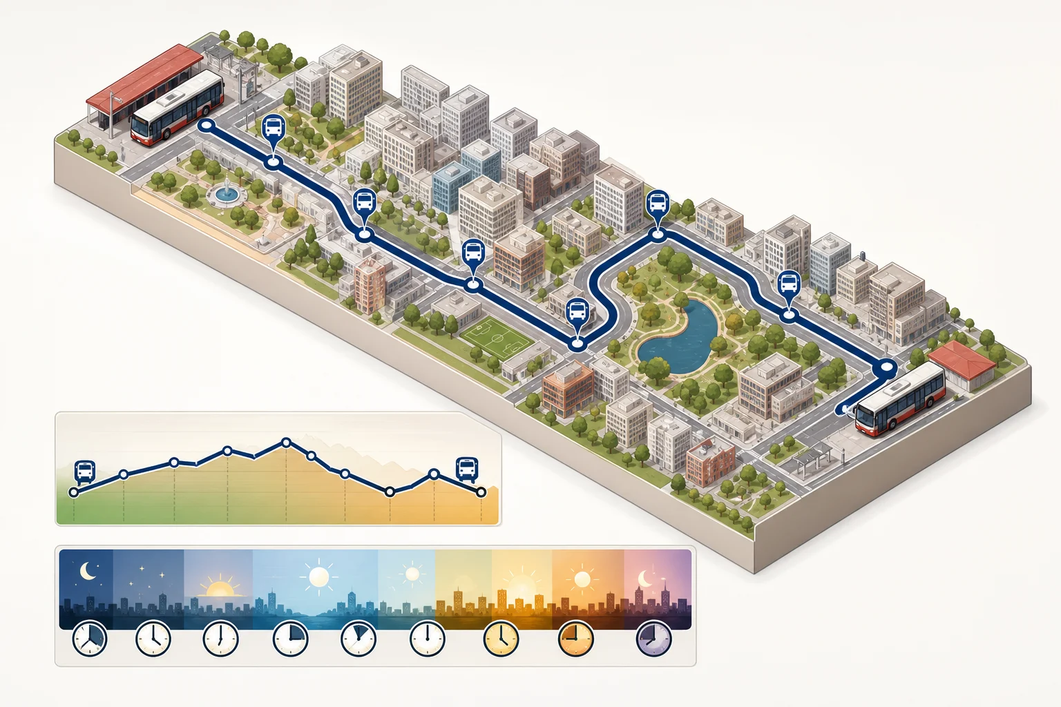 Visuelles Schema einer Stadtstrecke mit Haltestellen, Endhaltestellen und unterschiedlichen Höhenprofilen