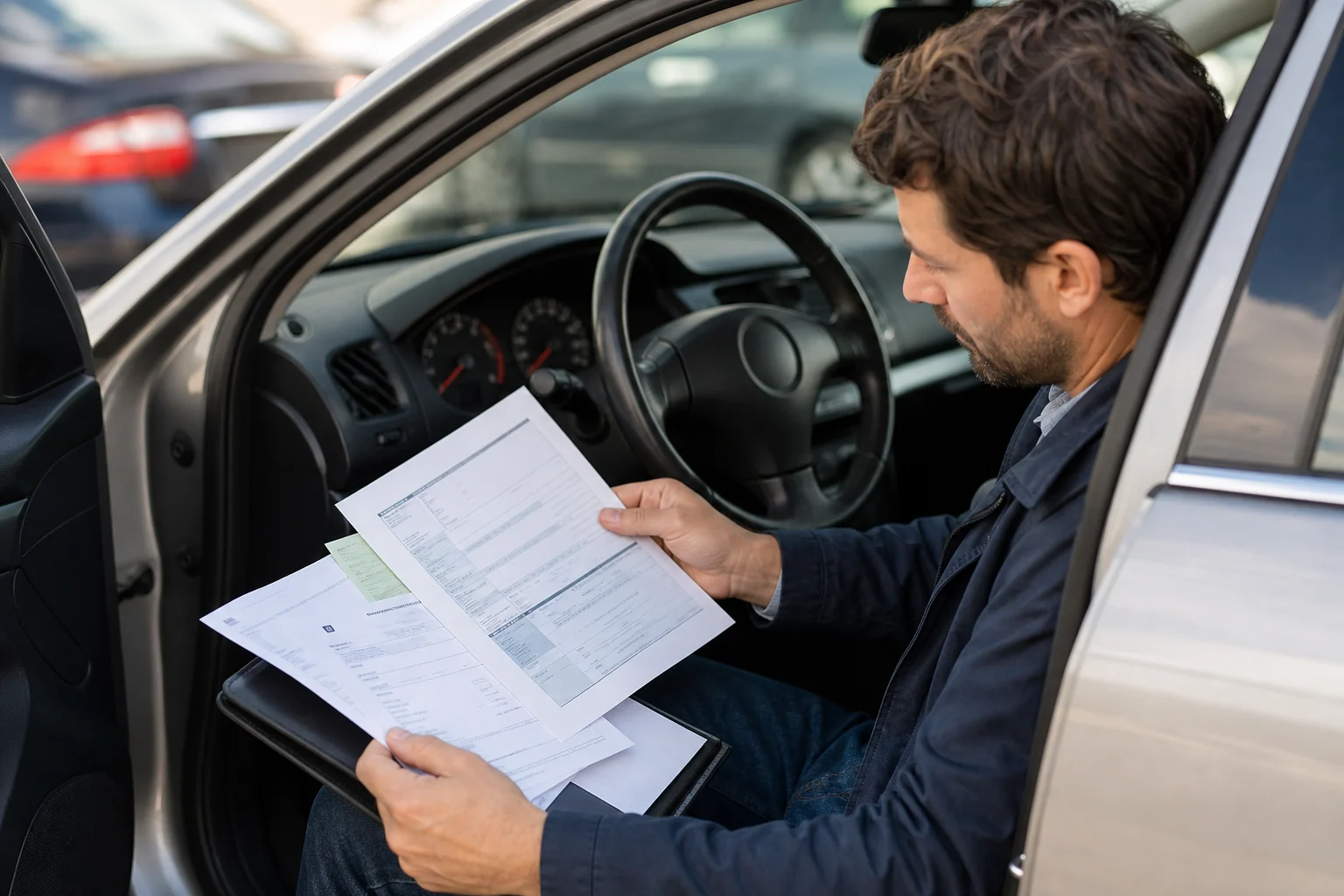 Buyer comparing a vehicle report, maintenance invoices and the instrument cluster of a used car