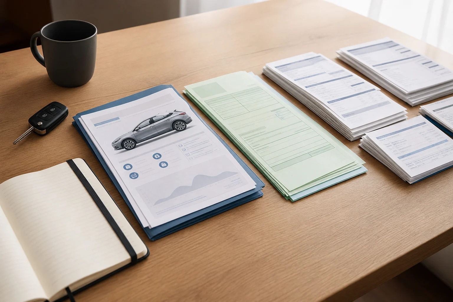 Vehicle documents and garage invoices arranged chronologically beside a car key