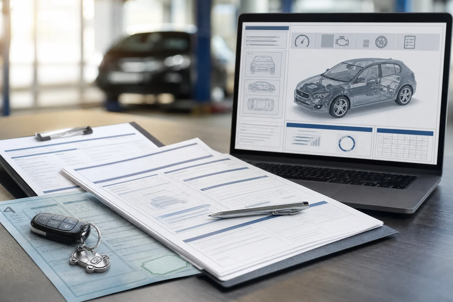 Vehicle documentation, a garage invoice and a vehicle report on a screen